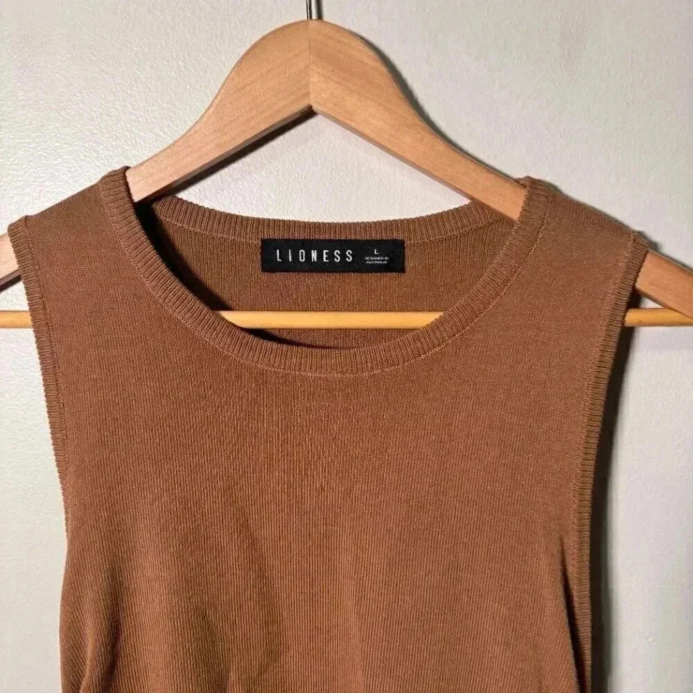 Lioness Womens Camel Brown Military Minds Mini Dress Large Ribbed Ruched Stretch - Picture 5 of 6